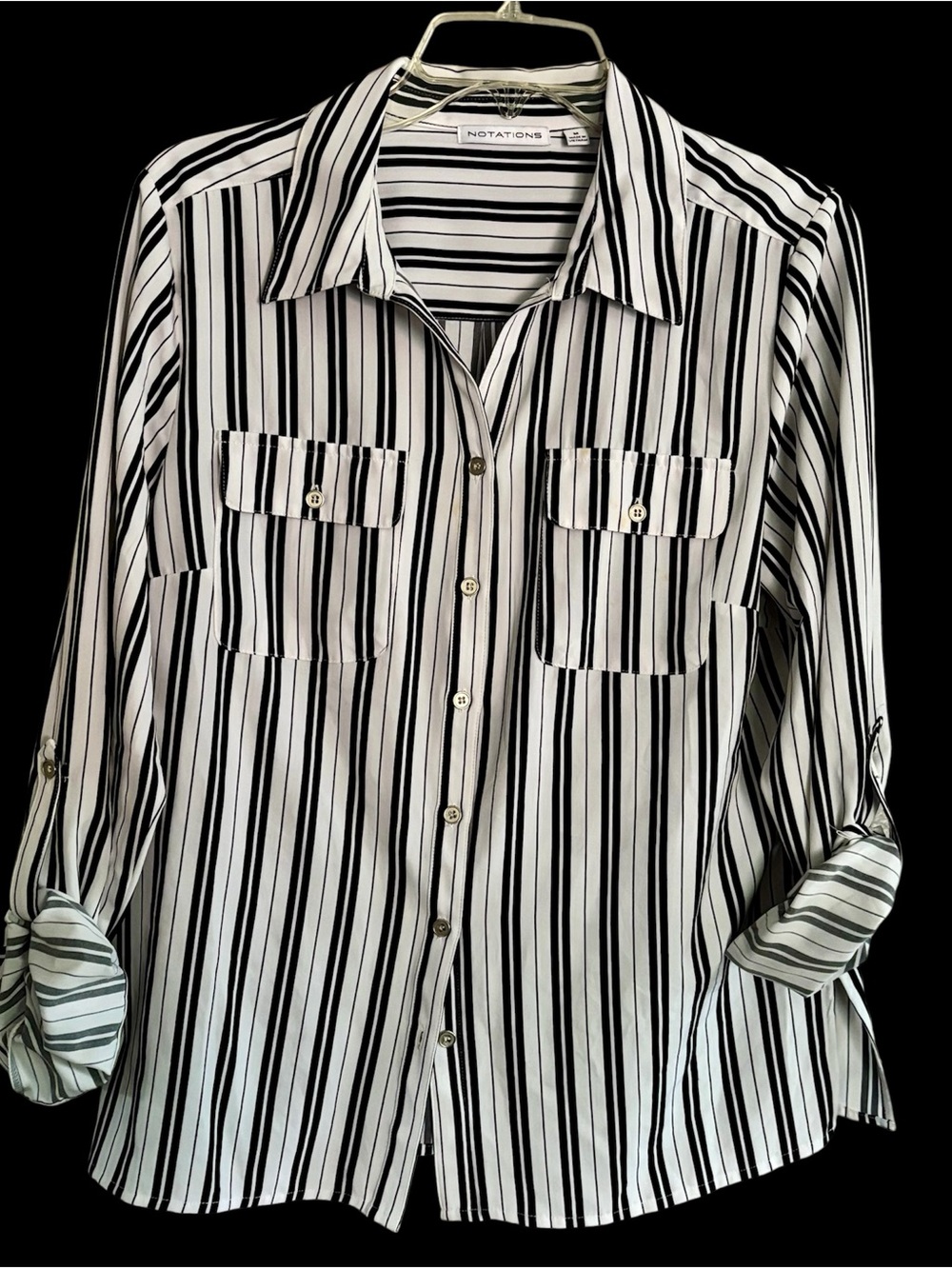 Notations Black and White Striped Button-Front Shirt Medium